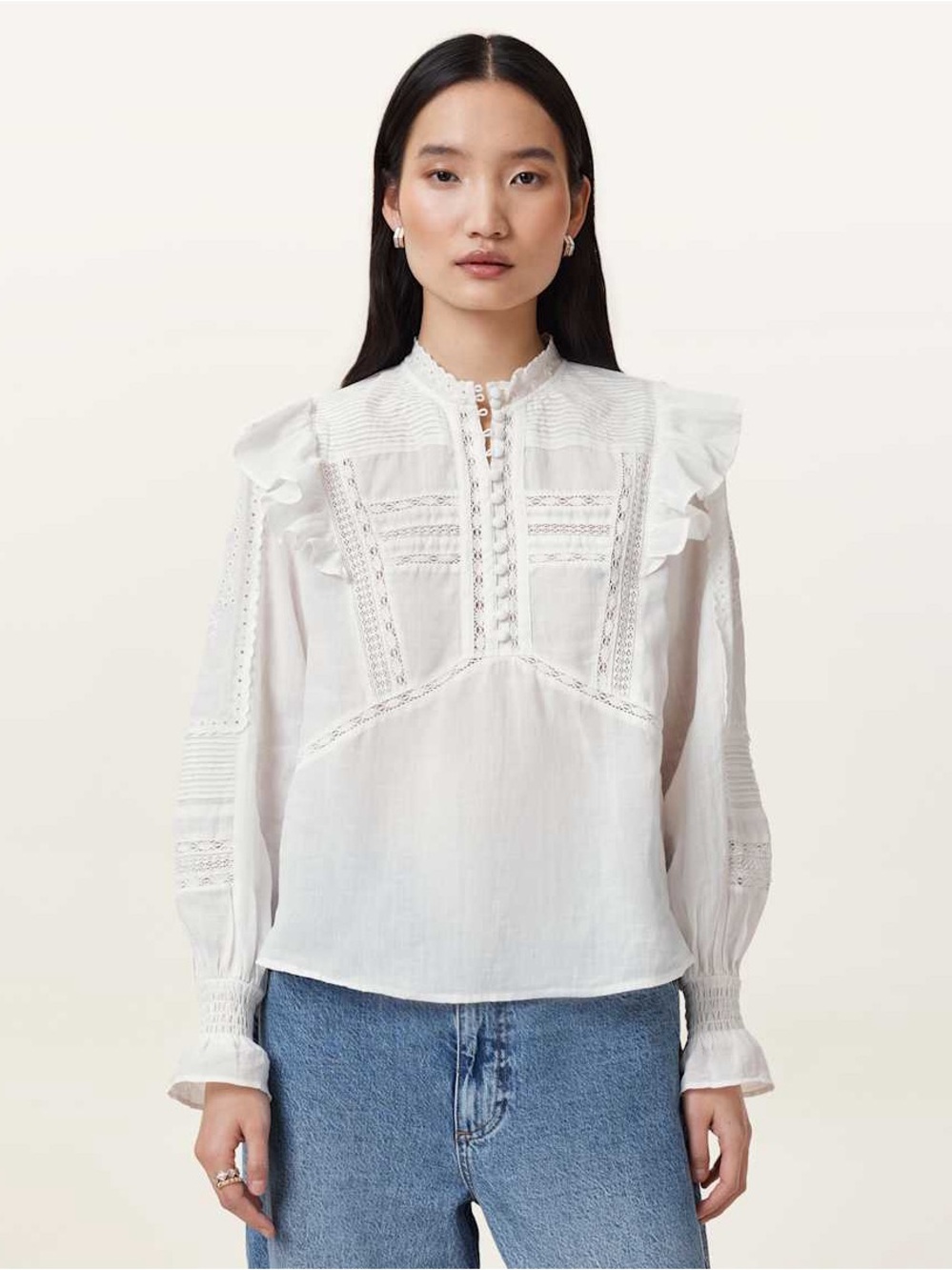 Allsaints Heather Embroidered Eyelet Blouse in White Size 8 - Picture 2 of 16
